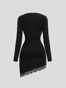 SHEIN Women's Elegant Round Neck Asymmetrical Hem Lace Patchwork Waist-Cinching Short Sleeve Mini Dress - Black - View 2
