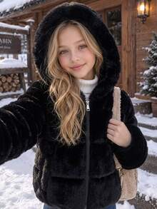 Tween Girls Fall Winter Black Faux Fur Hooded Zip Up Long Sleeve Cropped Jacket, Loose Fit Fluffy Outerwear For Daily Streetwear - Black - View 2