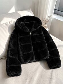 Tween Girls Fall Winter Black Faux Fur Hooded Zip Up Long Sleeve Cropped Jacket, Loose Fit Fluffy Outerwear For Daily Streetwear - Black - View 6