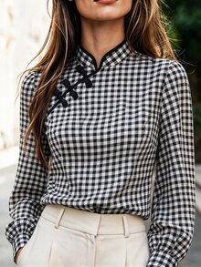 SHEIN Fall Winter 2026 Festival Outfits Going Out Office Graduation Civil Elegant 90s Retro Formal Business Napoleon Basic Button Up Shirt For Women - Black and White - View 1
