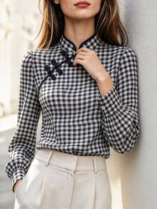SHEIN Fall Winter 2026 Festival Outfits Going Out Office Graduation Civil Elegant 90s Retro Formal Business Napoleon Basic Button Up Shirt For Women - Black and White - View 4
