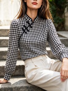 SHEIN Fall Winter 2026 Festival Outfits Going Out Office Graduation Civil Elegant 90s Retro Formal Business Napoleon Basic Button Up Shirt For Women - Black and White - View 3