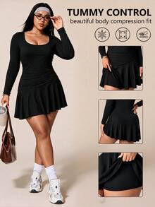 Sweetra CURVE Women's Plus-Size Black Fitted Long-Sleeve Sports Dress With Ruffled Hem And Deep U-Neck Brushed, New Fall/Winter Style For Gym Or Outdoor Sports - Black - View 2