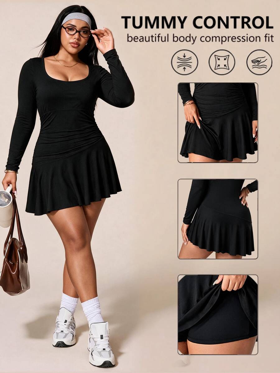 Sweetra CURVE Women's Plus-Size Black Fitted Long-Sleeve Sports Dress With Ruffled Hem And Deep U-Neck Brushed, New Fall/Winter Style For Gym Or Outdoor Sports