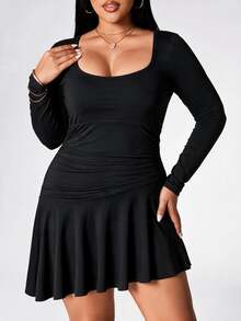 Sweetra CURVE Women's Plus-Size Black Fitted Long-Sleeve Sports Dress With Ruffled Hem And Deep U-Neck Brushed, New Fall/Winter Style For Gym Or Outdoor Sports - Black - View 6