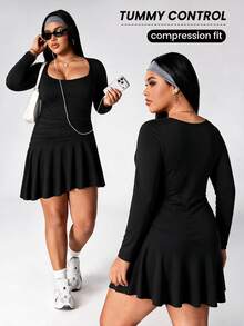 Sweetra CURVE Women's Plus-Size Black Fitted Long-Sleeve Sports Dress With Ruffled Hem And Deep U-Neck Brushed, New Fall/Winter Style For Gym Or Outdoor Sports - Black - View 4