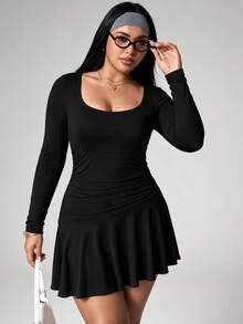 Sweetra CURVE Women's Plus-Size Black Fitted Long-Sleeve Sports Dress With Ruffled Hem And Deep U-Neck Brushed, New Fall/Winter Style For Gym Or Outdoor Sports - Black - View 7