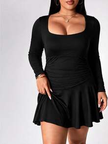 Sweetra CURVE Women's Plus-Size Black Fitted Long-Sleeve Sports Dress With Ruffled Hem And Deep U-Neck Brushed, New Fall/Winter Style For Gym Or Outdoor Sports - Black - View 9