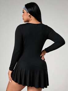 Sweetra CURVE Women's Plus-Size Black Fitted Long-Sleeve Sports Dress With Ruffled Hem And Deep U-Neck Brushed, New Fall/Winter Style For Gym Or Outdoor Sports - Black - View 8