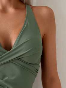 Swim Basics 2pcs/Set Olive Green Twist Cup Criss-Cross Back Ruched Drawstring Tankini Set, For Summer Beach Vacation - Army Green - View 5