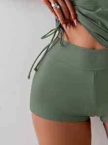Swim Basics 2pcs/Set Olive Green Twist Cup Criss-Cross Back Ruched Drawstring Tankini Set, For Summer Beach Vacation - Army Green - View 3
