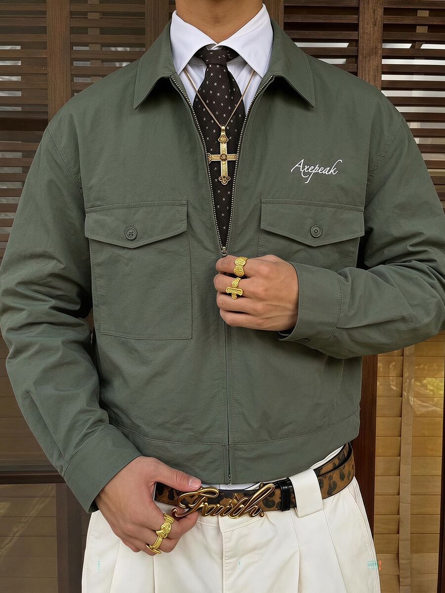 AXEPEAK Men's Letter Print Casual Daily Long Sleeve Jacket - Green - View 1