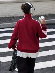 Muchica Women's Colorblock Zipper Casual Versatile Daily Travel Long Sleeve Jacket - Burgundy - View 2