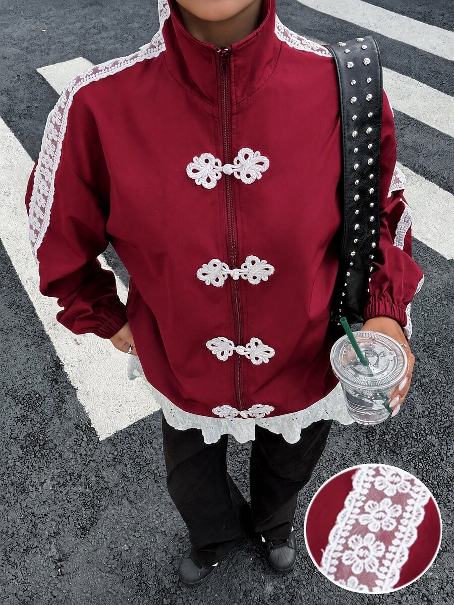 Muchica Women's Colorblock Zipper Casual Versatile Daily Travel Long Sleeve Jacket - Burgundy - View 1