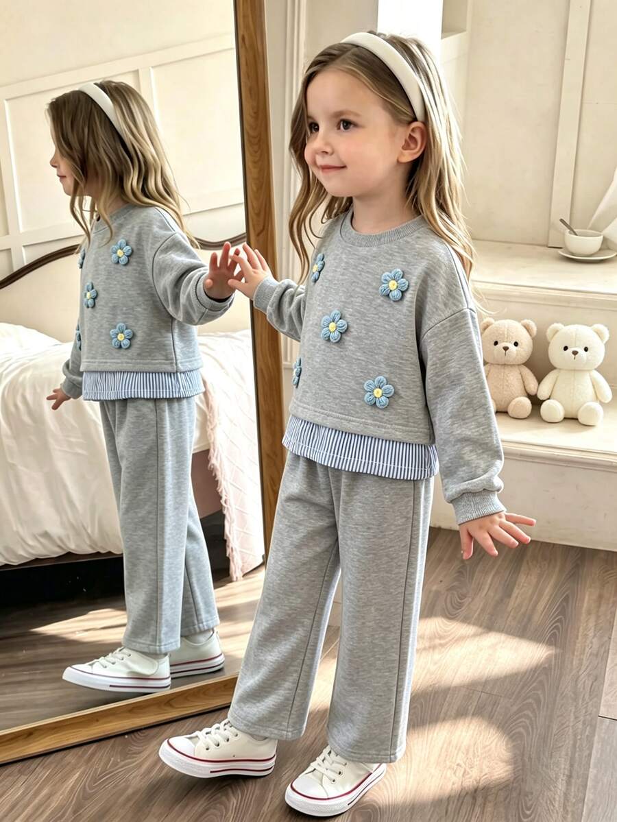 Elladie kids Setelan 2 Potong untuk Anak Perempuan, Atasan dan Celana Panjang Model Dua Potong dengan Aplikasi Bunga 3D, Pakaian Kasual Serasi untuk Anak Perempuan di Musim Semi - Grey - View 1