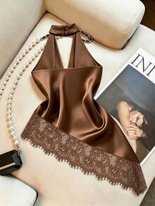 Cévolie Fashion Party Slim Fit Sexy Draped Neck Draped Pleated Lace Trim Patchwork Backless Sleeveless Tank Top - Brown - View 2