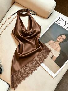 Cévolie Fashion Party Slim Fit Sexy Draped Neck Draped Pleated Lace Trim Patchwork Backless Sleeveless Tank Top - Brown - View 3