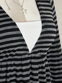 SHEIN ICON Women's Black Grey Striped V Neck Babydoll Peplum Top V Neck Lace Insert Fake Two Piece Long Sleeve Casual Fall Wear - Multicolor - View 8