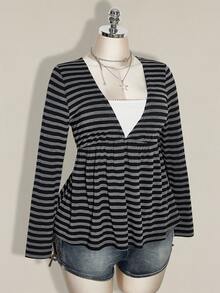 SHEIN ICON Women's Black Grey Striped V Neck Babydoll Peplum Top V Neck Lace Insert Fake Two Piece Long Sleeve Casual Fall Wear - Multicolor - View 6