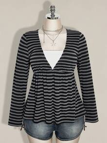 SHEIN ICON Women's Black Grey Striped V Neck Babydoll Peplum Top V Neck Lace Insert Fake Two Piece Long Sleeve Casual Fall Wear - Multicolor - View 2
