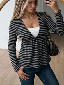 SHEIN ICON Women's Black Grey Striped V Neck Babydoll Peplum Top V Neck Lace Insert Fake Two Piece Long Sleeve Casual Fall Wear - Multicolor - View 1
