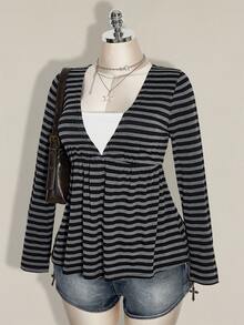 SHEIN ICON Women's Black Grey Striped V Neck Babydoll Peplum Top V Neck Lace Insert Fake Two Piece Long Sleeve Casual Fall Wear - Multicolor - View 12