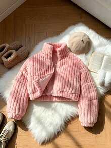 SHEIN 冬季新款女童粉色直條紋毛絨加厚外套，加厚羊羔絨高領拉鍊外套，寬鬆版型學生校園可愛風 - 粉色 - 查看 3