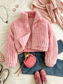 SHEIN 冬季新款女童粉色直條紋毛絨加厚外套，加厚羊羔絨高領拉鍊外套，寬鬆版型學生校園可愛風 - 粉色 - 查看 5