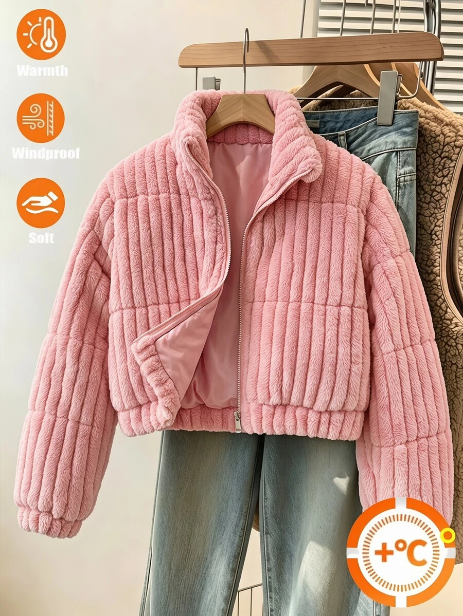 SHEIN 冬季新款女童粉色直條紋毛絨加厚外套，加厚羊羔絨高領拉鍊外套，寬鬆版型學生校園可愛風 - 粉色 - 查看 1