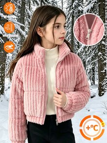 SHEIN 冬季新款女童粉色直條紋毛絨加厚外套，加厚羊羔絨高領拉鍊外套，寬鬆版型學生校園可愛風 - 粉色 - 查看 4