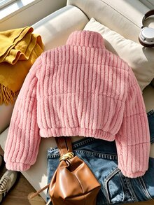 SHEIN 冬季新款女童粉色直條紋毛絨加厚外套，加厚羊羔絨高領拉鍊外套，寬鬆版型學生校園可愛風 - 粉色 - 查看 2