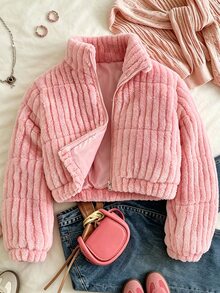 SHEIN 冬季新款女童粉色直條紋毛絨加厚外套，加厚羊羔絨高領拉鍊外套，寬鬆版型學生校園可愛風 - 粉色 - 查看 6