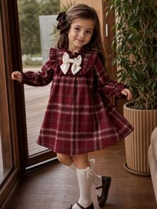 Emery Rose Kids Emery Rose Kids 女童編織格紋小立領荷葉邊裝飾3D蝴蝶結休閒洋裝 - 紅色 - 查看 6