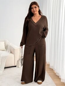 Enliva Plus Size Co-Ords Fall - Brown - View 4