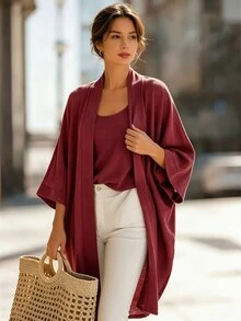 Balvessa 慵懶風休閒針織開襟衫與背心兩件套，舒適復古百搭時尚通勤女裝套裝 - 酒紅色 - 查看 5