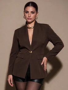 SHEIN BAE CURVE Plus Size Women's Solid Color Casual Versatile Long Sleeve Jacket Winter - Coffee Brown - View 7