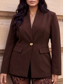 SHEIN BAE CURVE Plus Size Women's Solid Color Casual Versatile Long Sleeve Jacket Winter - Coffee Brown - View 9