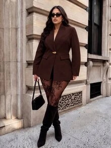 SHEIN BAE CURVE Plus Size Women's Solid Color Casual Versatile Long Sleeve Jacket Winter - Coffee Brown - View 11