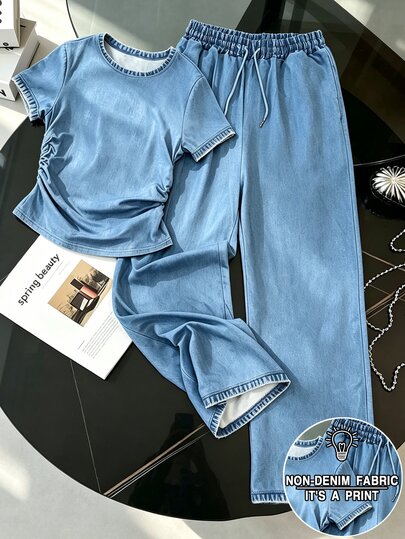 Resyla Women's Solid Color Round Neck Pleated Short Sleeve Top And Drawstring Waist Long Pants Casual Daily 2-Piece Set