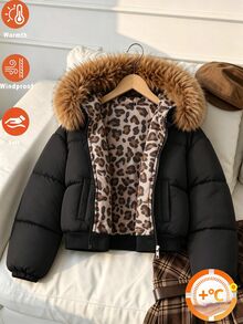 SHEIN Jaket Hitam Motif Leopard Berbulu Halus dengan Tudung Bulu Imitasi untuk Anak Perempuan Remaja, Jaket Musim Dingin untuk Sekolah, Klub, dan Aktivitas Keren Bergambar. - Hitam - View 6