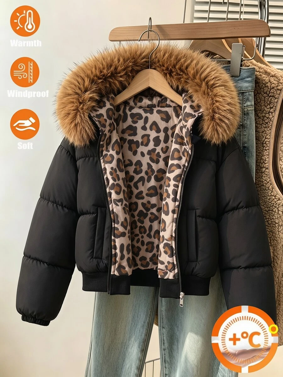 SHEIN Jaket Hitam Motif Leopard Berbulu Halus dengan Tudung Bulu Imitasi untuk Anak Perempuan Remaja, Jaket Musim Dingin untuk Sekolah, Klub, dan Aktivitas Keren Bergambar. - Hitam - View 1