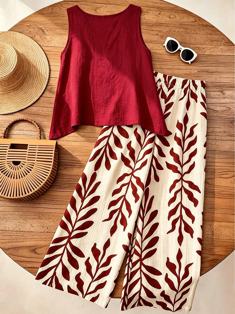 EMERY ROSE Conjunto de 2 piezas para mujer con top de tirantes de color liso y pantalones con estampado floral para vacaciones casuales - Rojo - Añade 2