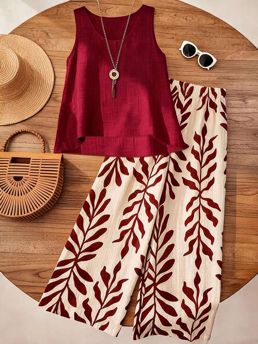 EMERY ROSE Women's Vacation Casual Solid Color Tank Top And Floral Print Pants 2-Piece Set - Red - View 1