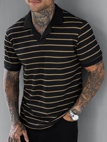 SLATEMANN Men's Summer Casual Streetwear Striped Polo Shirt , Holiday Going Out Old Money, Goth - Black - View 6