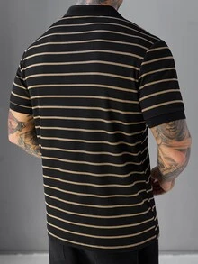 SLATEMANN Men's Summer Casual Streetwear Striped Polo Shirt , Holiday Going Out Old Money, Goth - Black - View 2