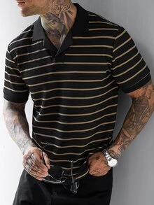 SLATEMANN Men's Summer Casual Streetwear Striped Polo Shirt , Holiday Going Out Old Money, Goth - Black - View 4