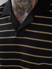 SLATEMANN Men's Summer Casual Streetwear Striped Polo Shirt , Holiday Going Out Old Money, Goth - Black - View 3