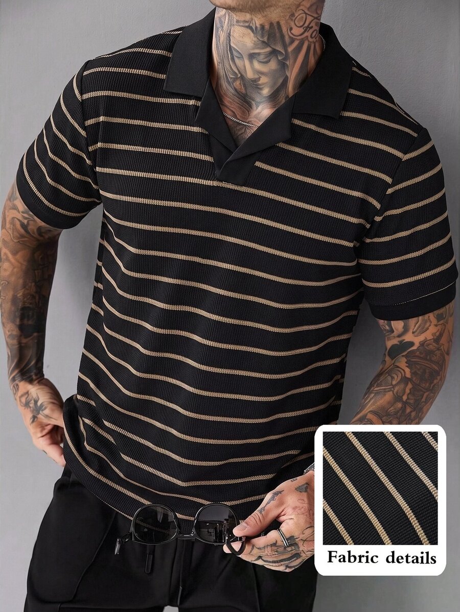 SLATEMANN Men's Summer Casual Streetwear Striped Polo Shirt , Holiday Going Out Old Money, Goth - Black - View 1