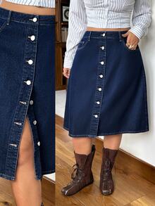 Rivivi Women's Plus Size Button Front Dark Blue Slim Fit Denim Straight Midi Skirt - Dark Wash - View 1