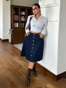 Rivivi Women's Plus Size Button Front Dark Blue Slim Fit Denim Straight Midi Skirt - Dark Wash - View 5